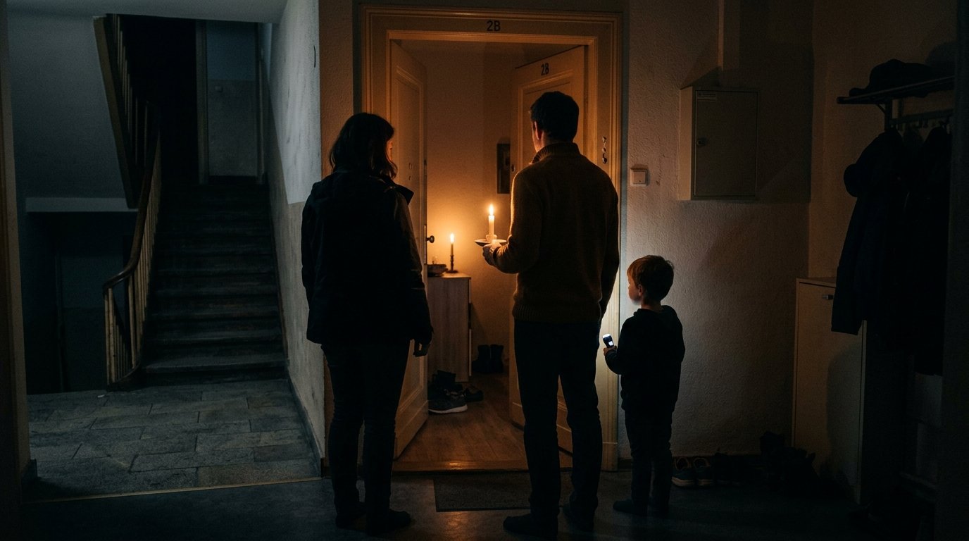 Familie bei einem Stromausfall im Treppenhaus, ruhig mit Kerze und Taschenlampe