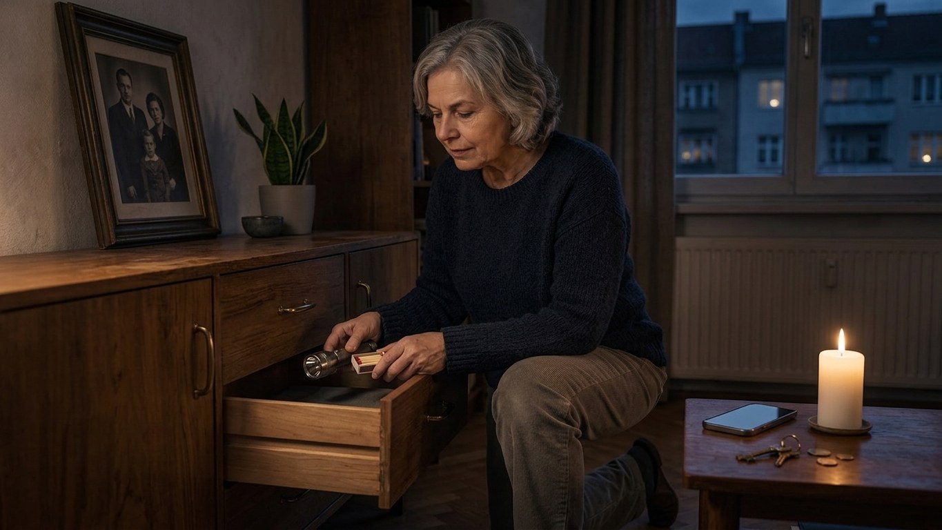 Ältere Frau prüft im Dunkeln mit einer Taschenlampe