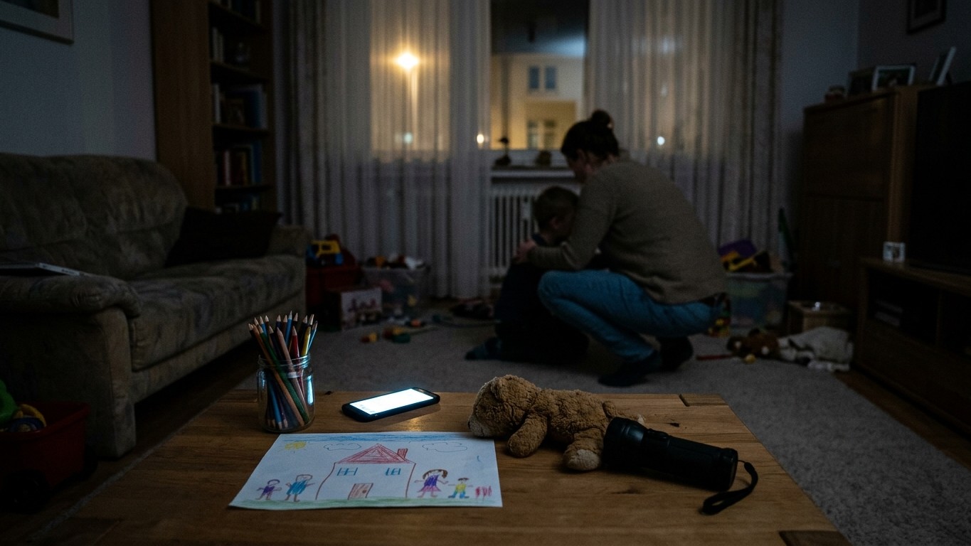Alleinerziehende Person mit Kind bei einem Stromausfall