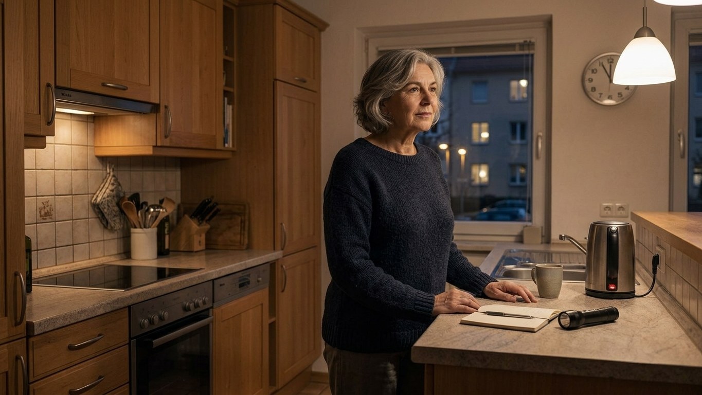 Ältere Frau, ruhig und vorbereitet in ihrer Küche